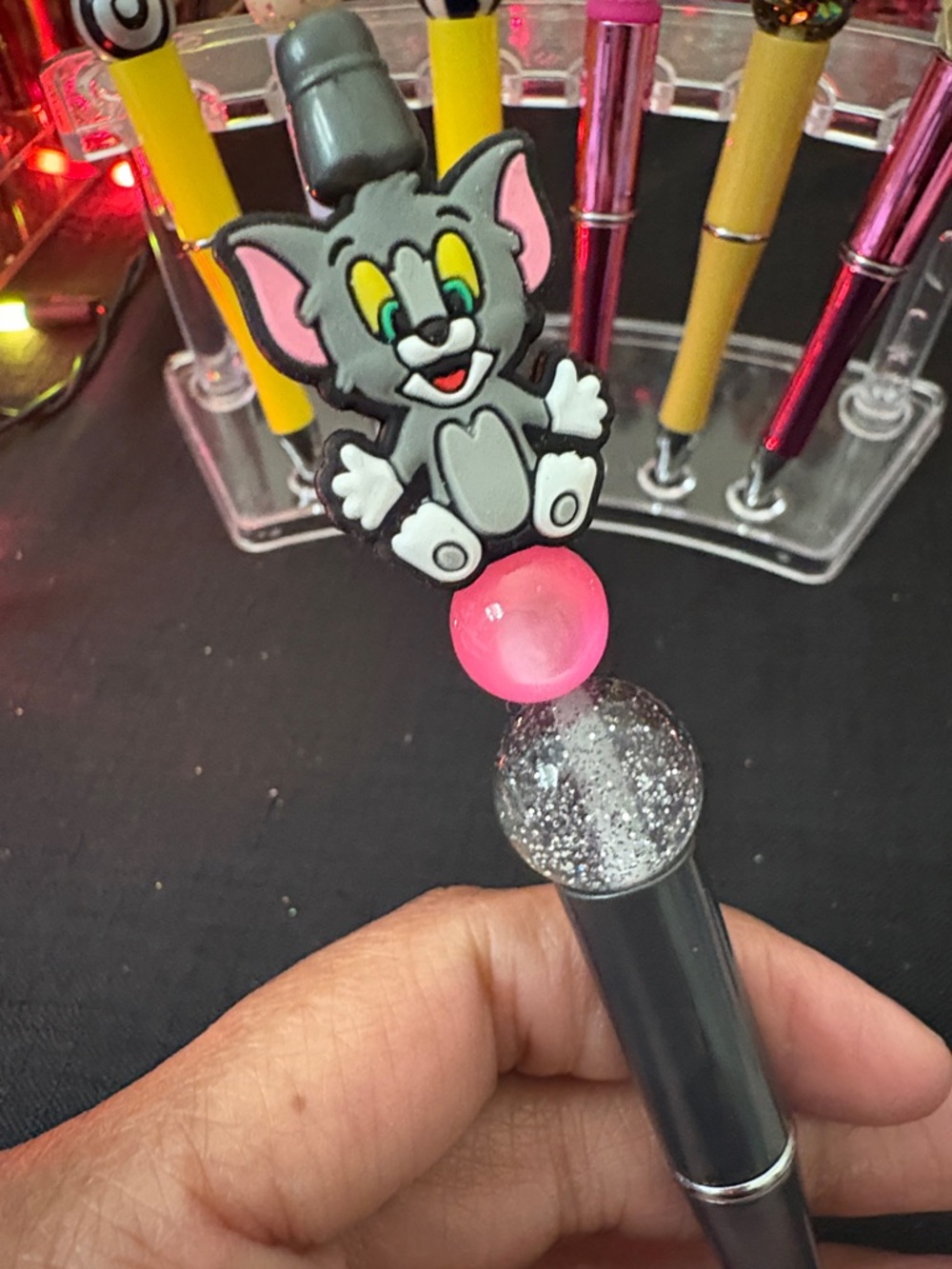 Cute Tom & Jerry Cat Topper Ballpoint Pen - Gray & Pink